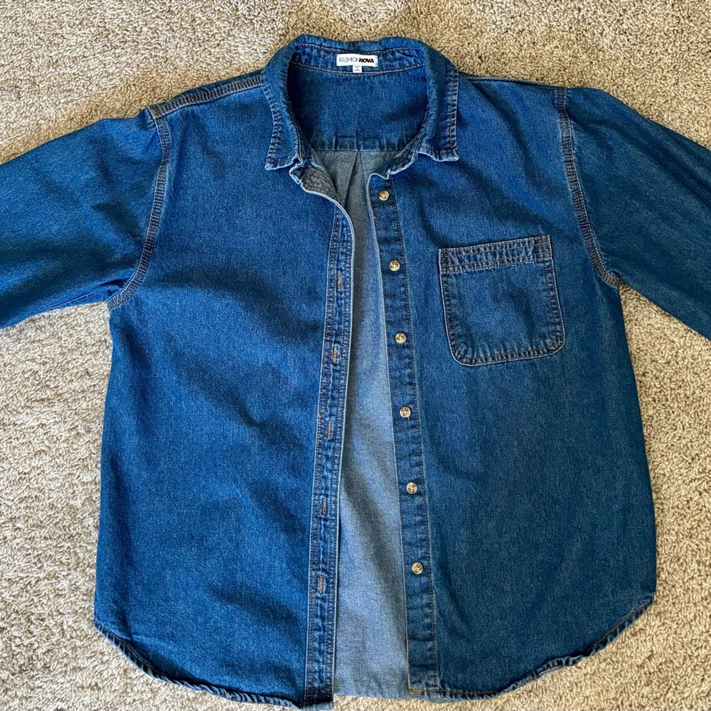 Fashion Nova Blue Denim Button-Up Shirt - Picture 2 of 4